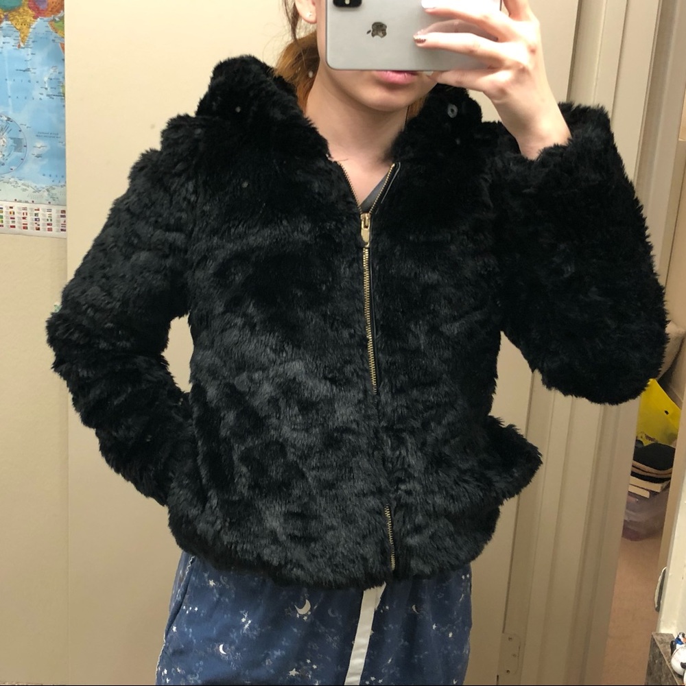 new look black fur zip up hooded jacket